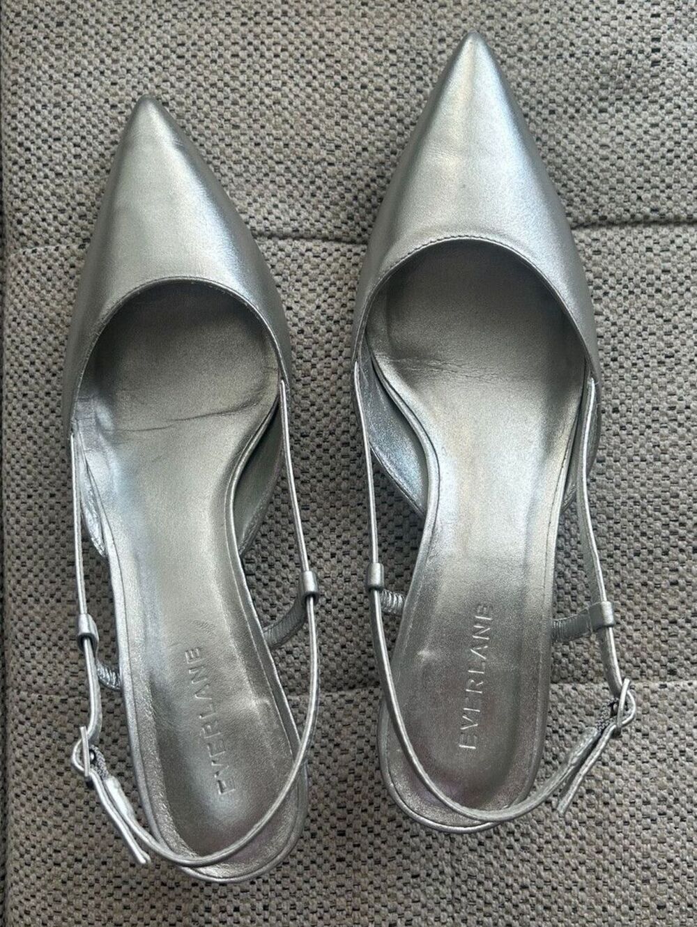 Everlane Silver Metallic Pointed Toe Kitten Heel Slingback Pumps 7.5